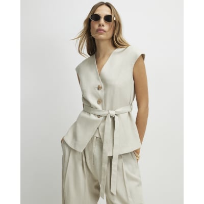 Beige Linen Blend Sleeveless Tie Waist Top
