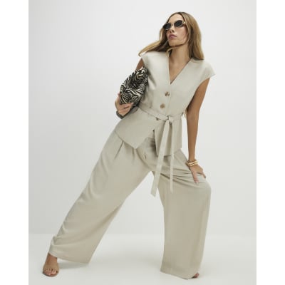 Beige Linen Blend Sleeveless Tie Waist Top