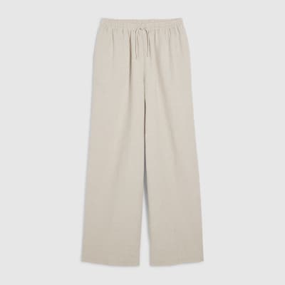 Beige Linen Blend Wide Leg Trousers