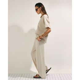 Beige Linen Blend Wide Leg Trousers