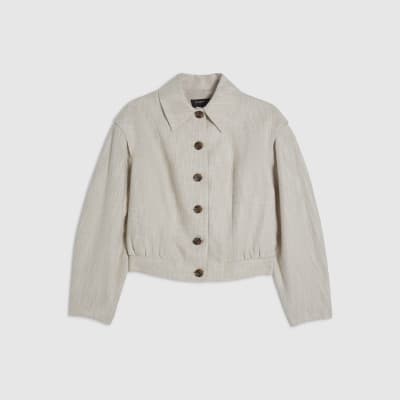Beige Linen Look Tailored Bomber Jacket