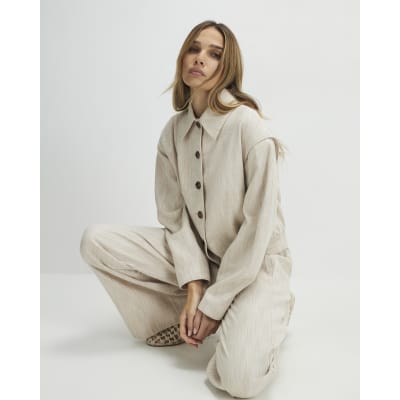 Beige Linen Look Tailored Bomber Jacket