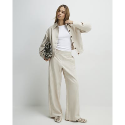 Beige Linen Look Wide Leg Trousers