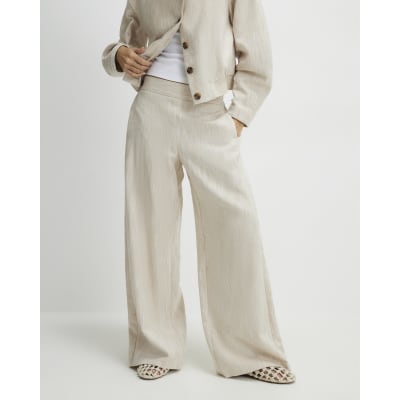 Beige Linen Look Wide Leg Trousers