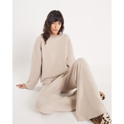 Beige Long Sleeve Brushed High Neck Top