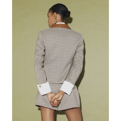 Beige Long Sleeve Check Print Jacket
