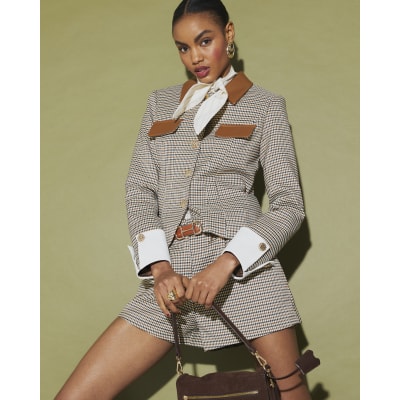 Beige Long Sleeve Check Print Jacket