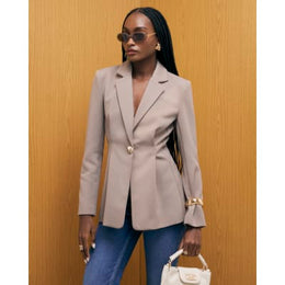Beige Long Sleeve Cinched Waist Blazer