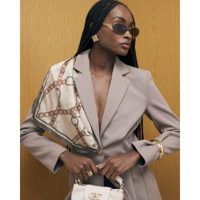 Beige Long Sleeve Cinched Waist Blazer