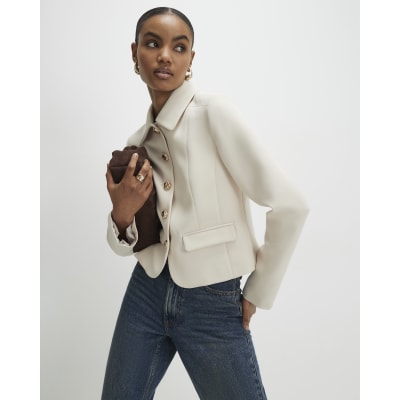 Beige Long Sleeve Collared Structured Jacket