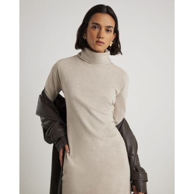 Beige Long Sleeve Cosy High Neck Mini Dress