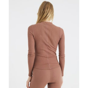 Beige Long Sleeve Crew Neck Ribbed Top