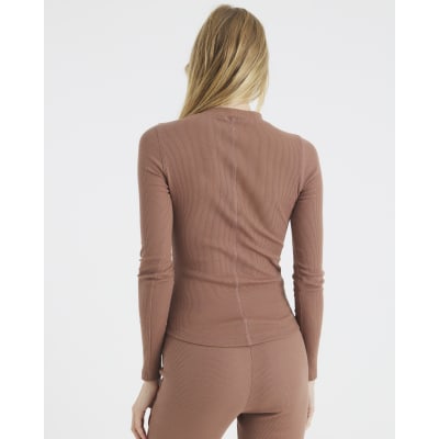 Beige Long Sleeve Crew Neck Ribbed Top