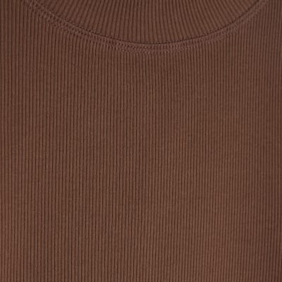 Beige Long Sleeve Crew Neck Ribbed Top