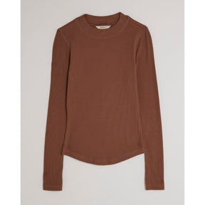 Beige Long Sleeve Crew Neck Ribbed Top