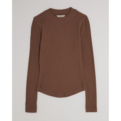 Beige Long Sleeve Crew Neck Ribbed Top