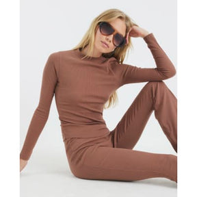 Beige Long Sleeve Crew Neck Ribbed Top