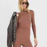 Beige Long Sleeve Crew Neck Ribbed Top