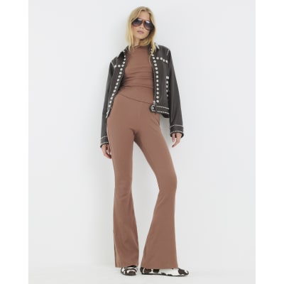 Beige Long Sleeve Crew Neck Ribbed Top