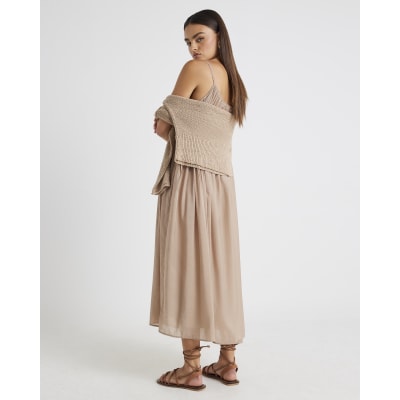 Beige Long Sleeve Hybrid Midi Dress