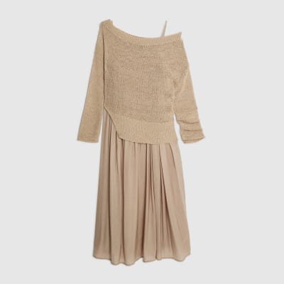 Beige Long Sleeve Hybrid Midi Dress