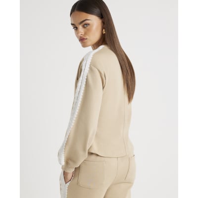 Beige Long Sleeve Lace Trim Sweatshirt
