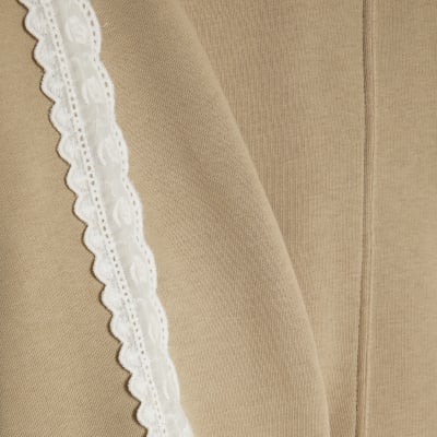 Beige Long Sleeve Lace Trim Sweatshirt