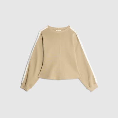 Beige Long Sleeve Lace Trim Sweatshirt