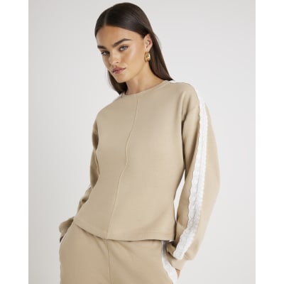 Beige Long Sleeve Lace Trim Sweatshirt