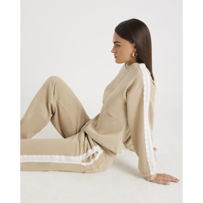 Beige Long Sleeve Lace Trim Sweatshirt