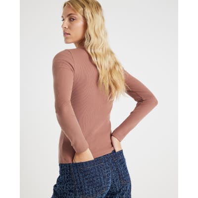 Beige Long Sleeve Popper Through Ribbed Top