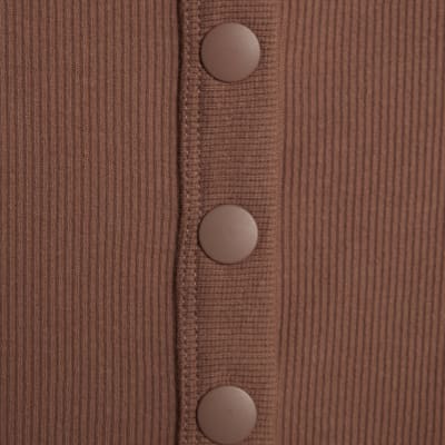 Beige Long Sleeve Popper Through Ribbed Top