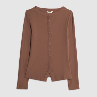 Beige Long Sleeve Popper Through Ribbed Top