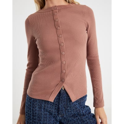 Beige Long Sleeve Popper Through Ribbed Top