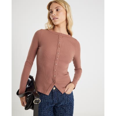 Beige Long Sleeve Popper Through Ribbed Top