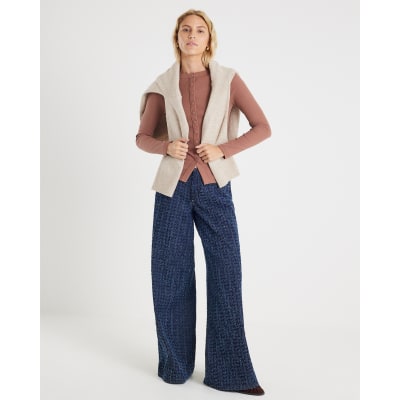 Beige Long Sleeve Popper Through Ribbed Top