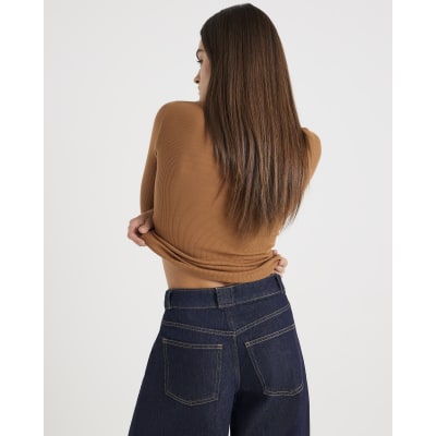 Beige Long Sleeve Popper V Neck Ribbed Top