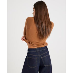 Beige Long Sleeve Popper V Neck Ribbed Top