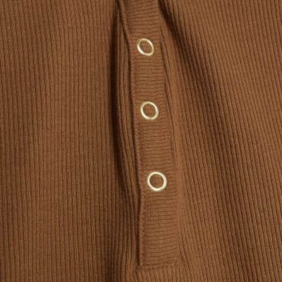 Beige Long Sleeve Popper V Neck Ribbed Top