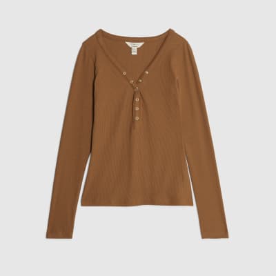 Beige Long Sleeve Popper V Neck Ribbed Top