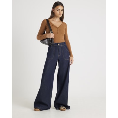 Beige Long Sleeve Popper V Neck Ribbed Top