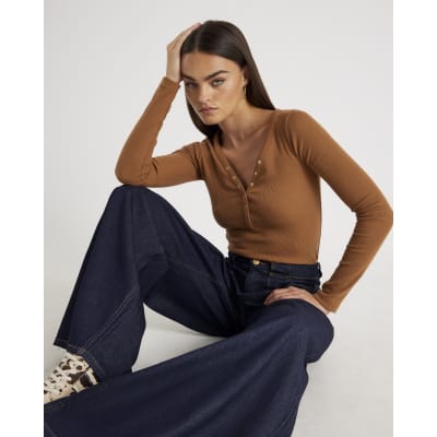 Beige Long Sleeve Popper V Neck Ribbed Top