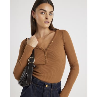 Beige Long Sleeve Popper V Neck Ribbed Top