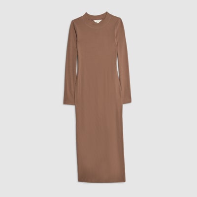 Beige Long Sleeve Ribbed Midi Dress