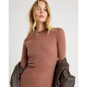 Beige Long Sleeve Ribbed Midi Dress