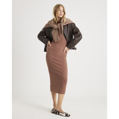 Beige Long Sleeve Ribbed Midi Dress