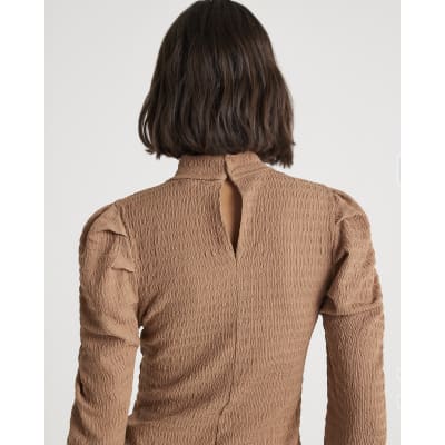 Beige Long Sleeve Ruched Shoulder Top