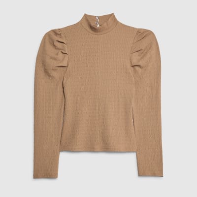 Beige Long Sleeve Ruched Shoulder Top