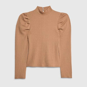 Beige Long Sleeve Ruched Shoulder Top