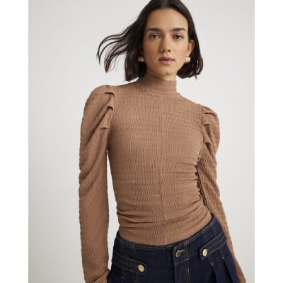 Beige Long Sleeve Ruched Shoulder Top